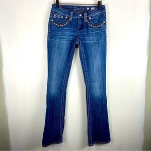 Miss Me Boot Cut Beaded Jeweled Moto‎ Biker Dark Wash Denim Blue Jeans Size 26